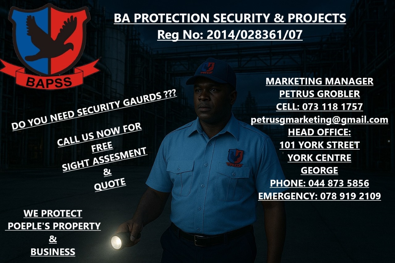BA Protection Security & Projects - Professional Security Services. Contact Petrus Grobler, Marketing Manager at 073 118 1757 for free security assessment and quote.